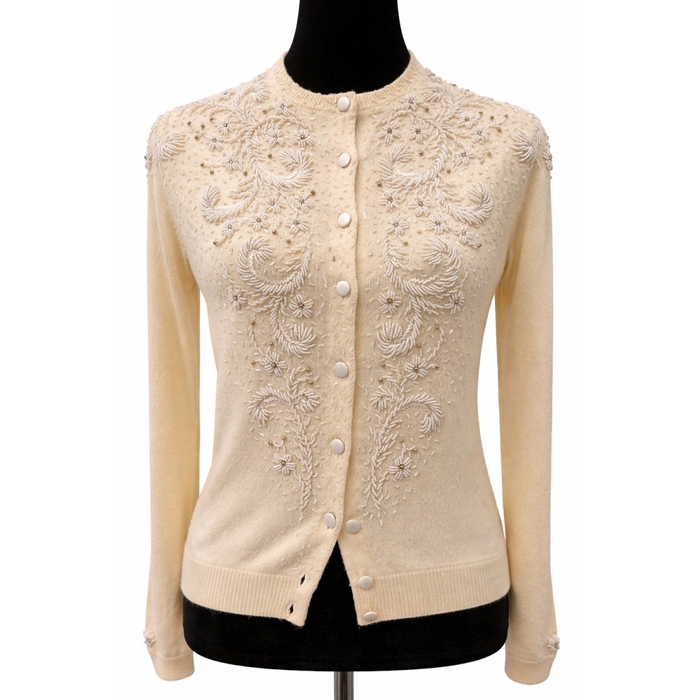 Vintage Doreen Womens Hand Beaded Cardigan Sweater Medium Cream 100% Cashmere
